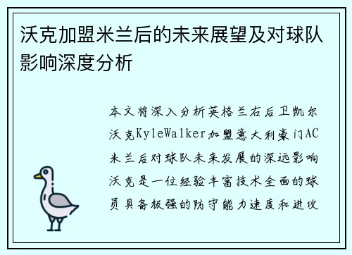 沃克加盟米兰后的未来展望及对球队影响深度分析
