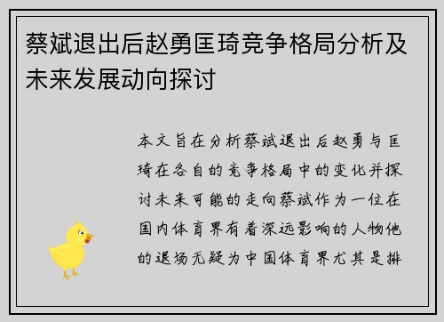蔡斌退出后赵勇匡琦竞争格局分析及未来发展动向探讨