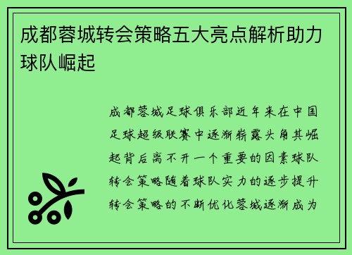 成都蓉城转会策略五大亮点解析助力球队崛起