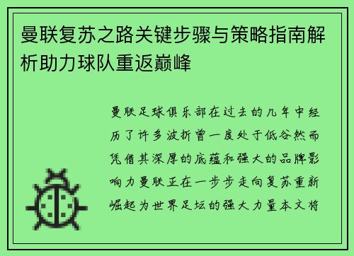 曼联复苏之路关键步骤与策略指南解析助力球队重返巅峰 曼联复苏之路关键步骤与策略指南解析助力球队重返巅峰